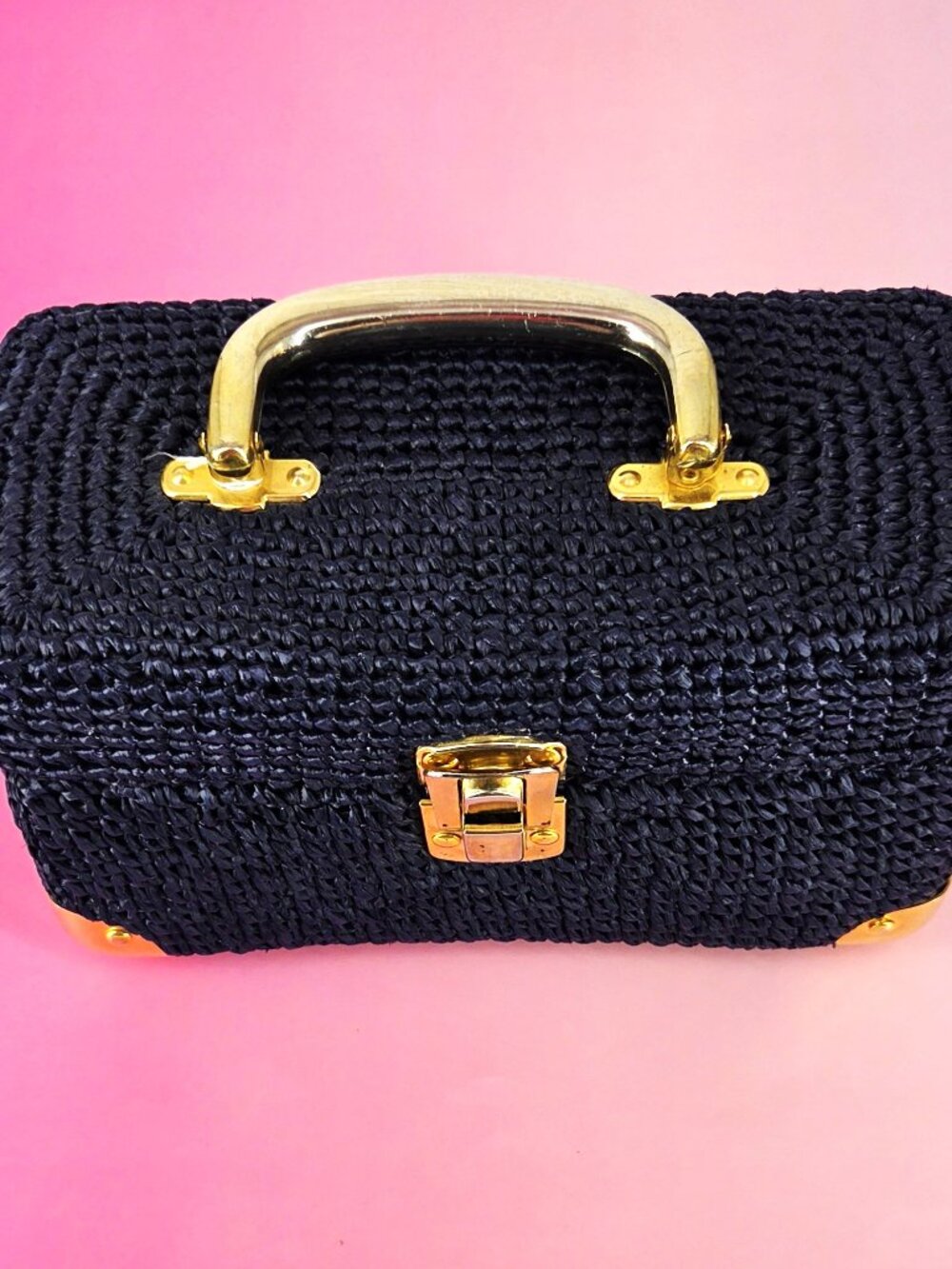 1960s Lefcort Raffia Box Top Handle Purse Dark Navy w/Gold Metal Hardware 10" L.